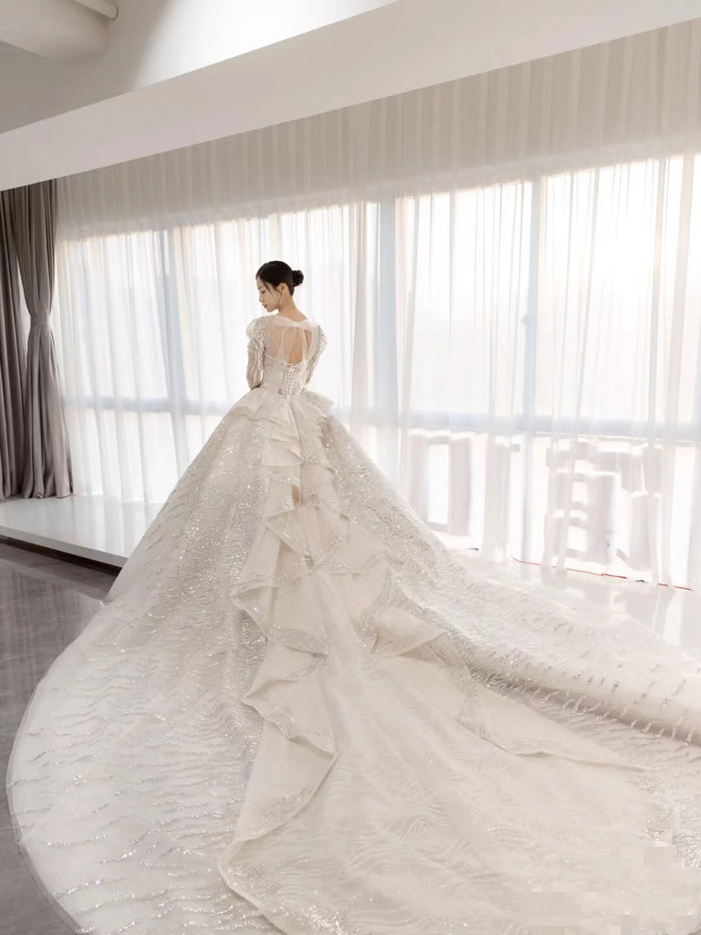 OSTTY - Ostty White Dubai Luxury Wedding Dress Long Sleeve Ball Gown  Crystal Dresses OS857 $1,388.99